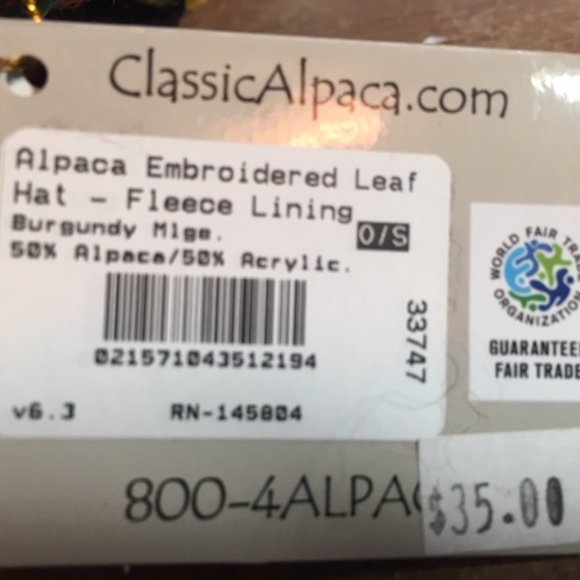 NWT Alpaca Embroidered Leaf Hat Burgundy Fleece Lining - Picture 11 of 11